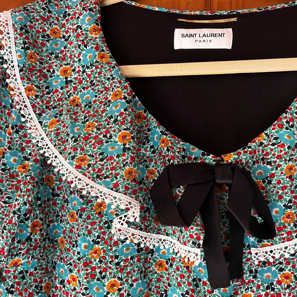 yves saint laurent paris silk ditsy floral dress with bow and crochet trim